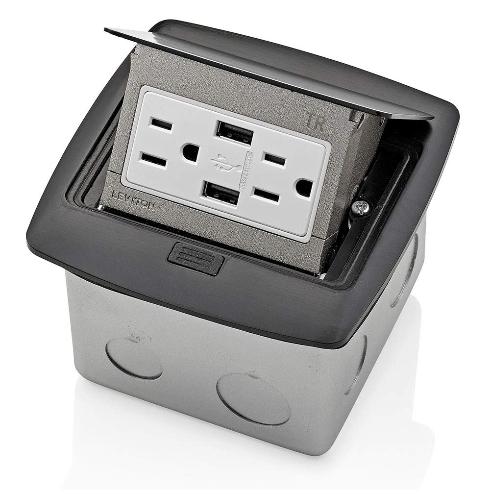 Leviton PFUS1-MB Pop-Up Floor Box with Dual Type A, 3.6 USB Charger, 15 Amp Outlet, Black
