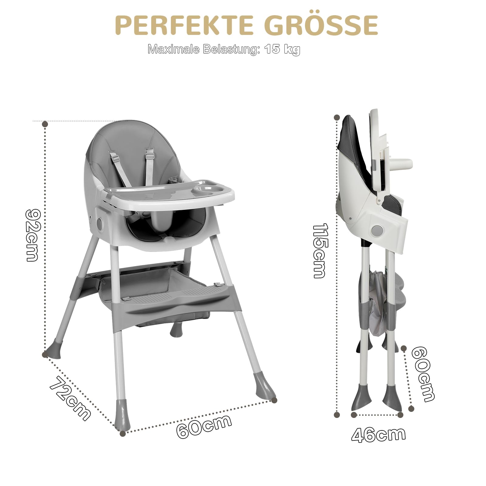 LEADZM Trona 3 en 1 para bebé, se convierte en mecedora, bandeja doble extraíble, trona plegable para bebé con ruedas giratorias y cesta de almacenamiento, para bebés de 6 a 36 meses (gris)
