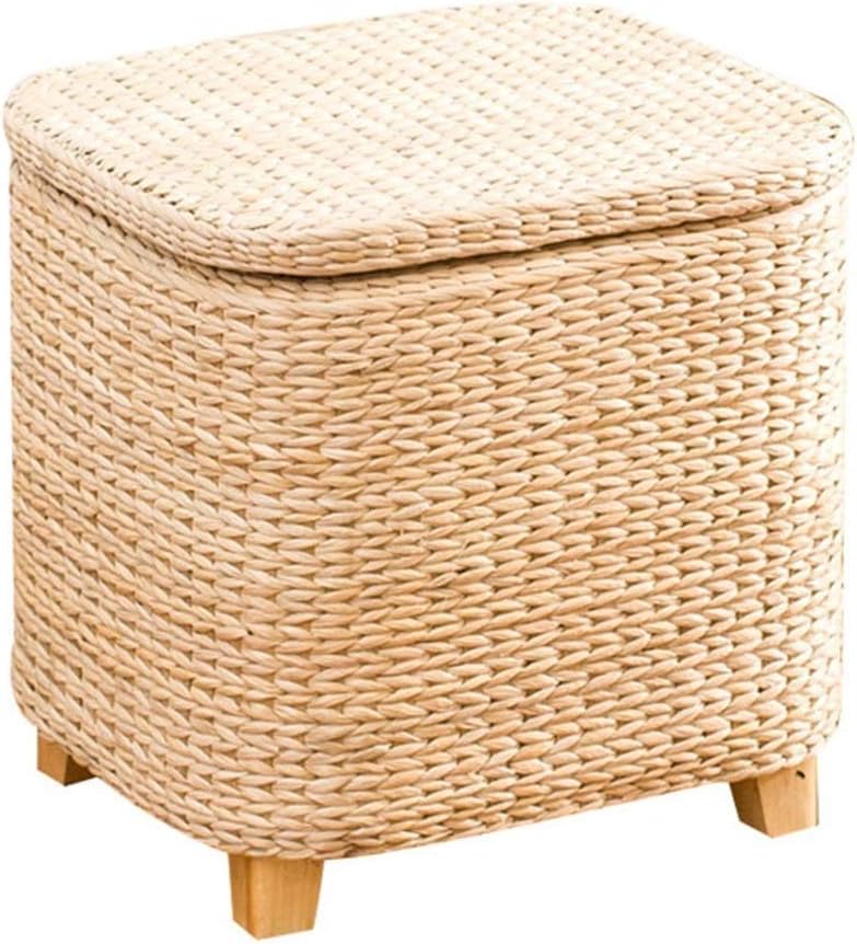 Footstool, Footstool Grass Art Solid Wood Storage Stool Rattan Change The Shoe Bench, 2 Sizes Comfortable and Durable (Color : A, Size : 30X22X27CM)