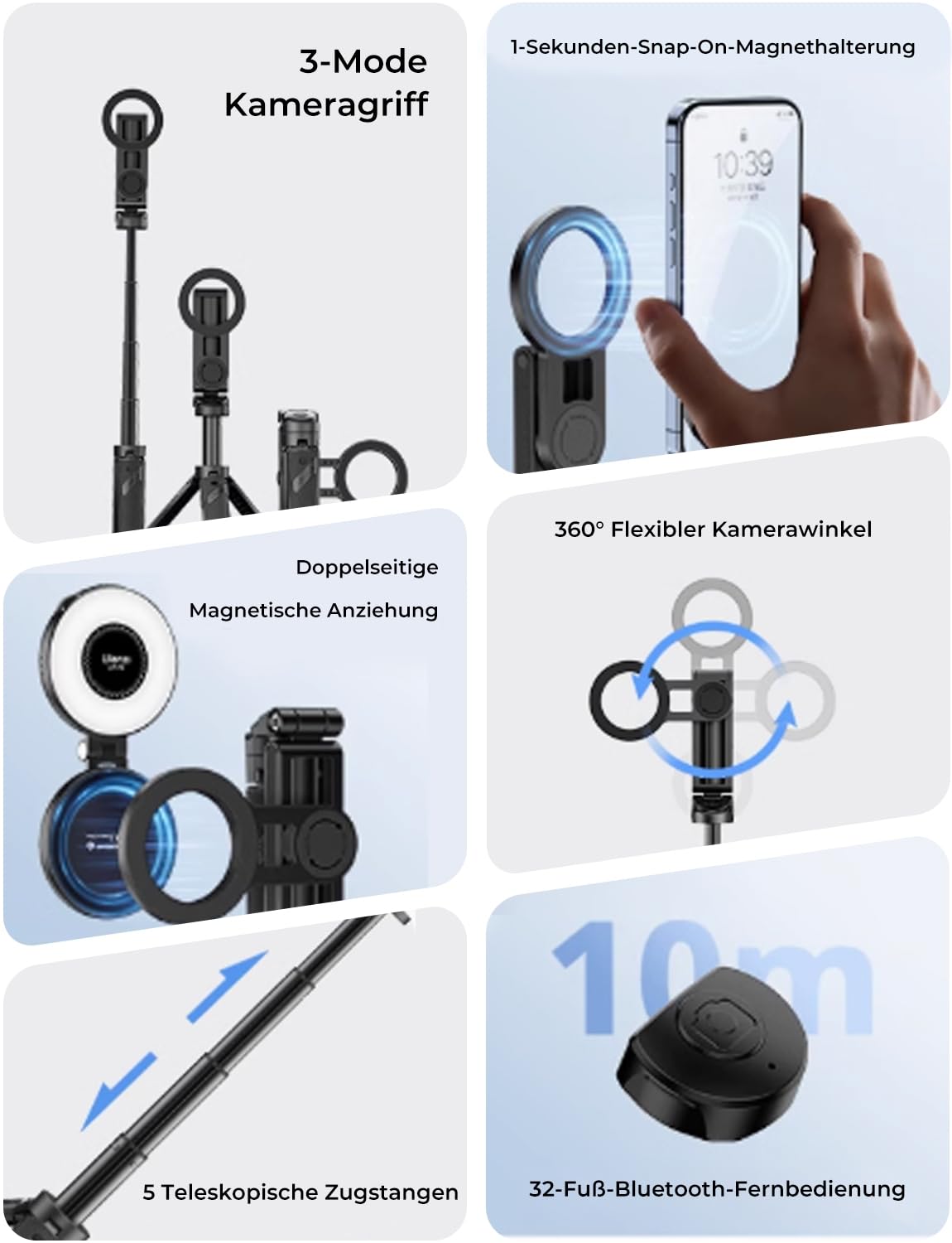 Rollei Treppiede Selfie Magnetico Per Smartphone Con Attacco MagSafe E Telecomando Bluetooth - Mini Treppiede Portatile E Bastone Selfie 2 In 1