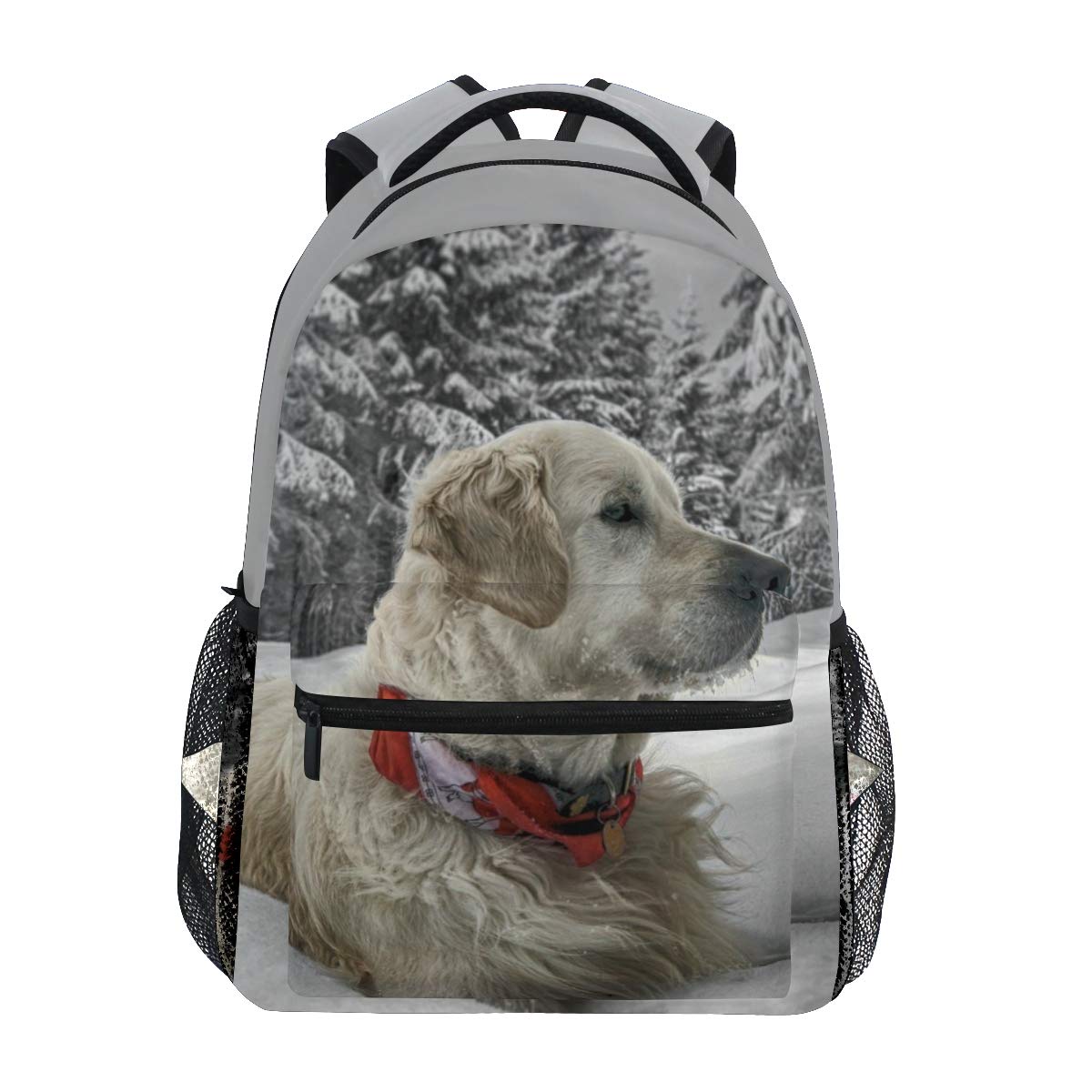 fifbird White Dog Sit Cold Snow Winte Backpacks College School Book Bag Travel Hiking Camping Daypack