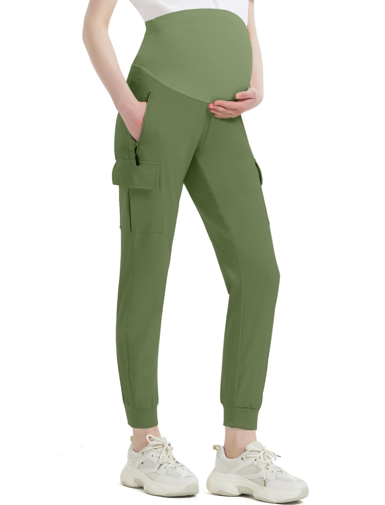 EXARUS Vêtements Grossesse, Pantalon Cargo de Maternité sur le Ventre, Pantalon de Jogging, Pantalon de Survêtement, Pantalon de Randonnée à Séchage Rapide avec Poches Zippées, Vert, Taille XL