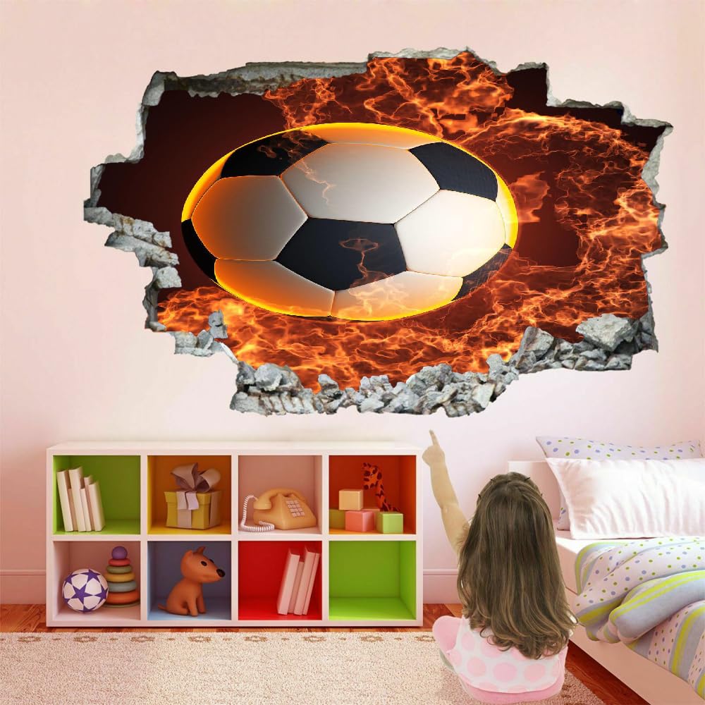 Decalcomanie Da Muro 3D Smashed Art Decor Calcio Tatuaggi Da Parete Wall Stickers Fiamma Rossa Per Ragazze Bambini Adesivo Murale Regalo Per La Casa 120x80cm