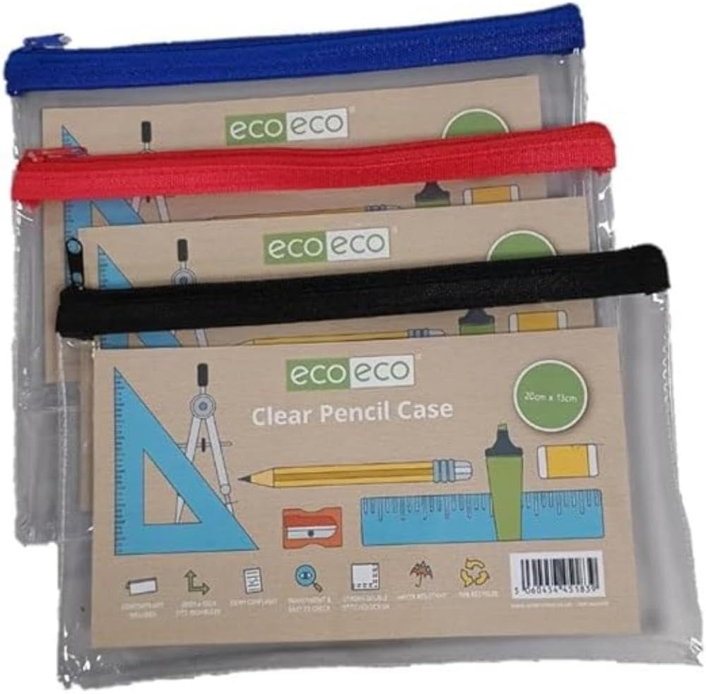 ecoeco 90 Recycled Clear Exam Transparent Pencil Case, Coloured Zips