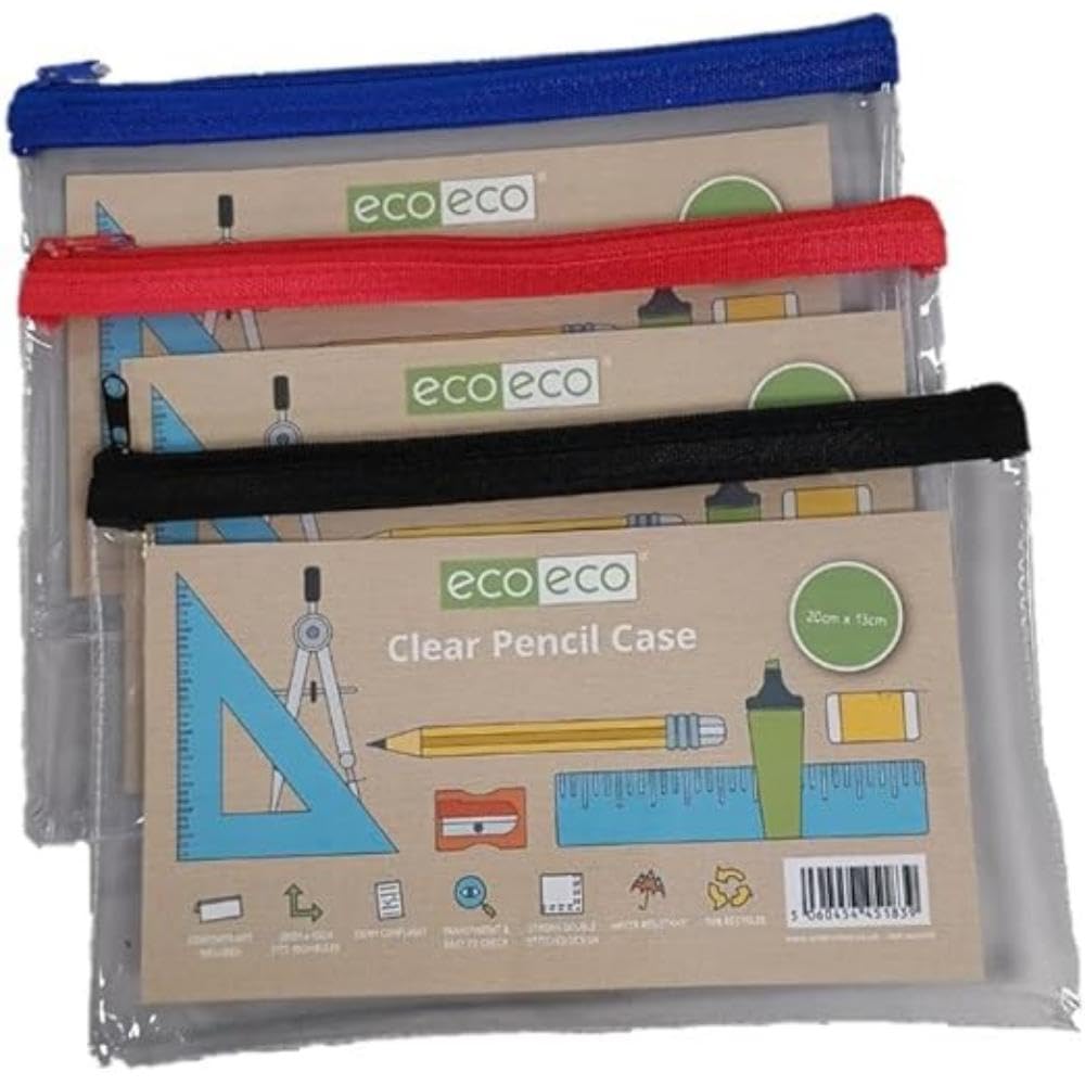 eco-eco 90% Recycled Clear Exam Transparent Pencil Case, Coloured Zips, Pack of 1, eco183