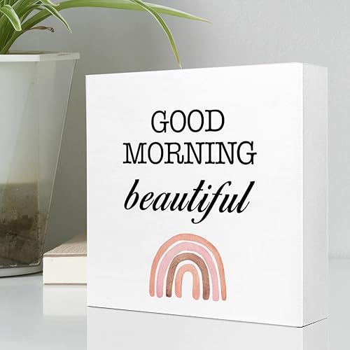 Miniatura 3 de Decoración de escritorio con texto en inglés Good Morning Beautiful Boho Rainbow, letrero de madera inspirador para el hogar, dormitorio, sala de