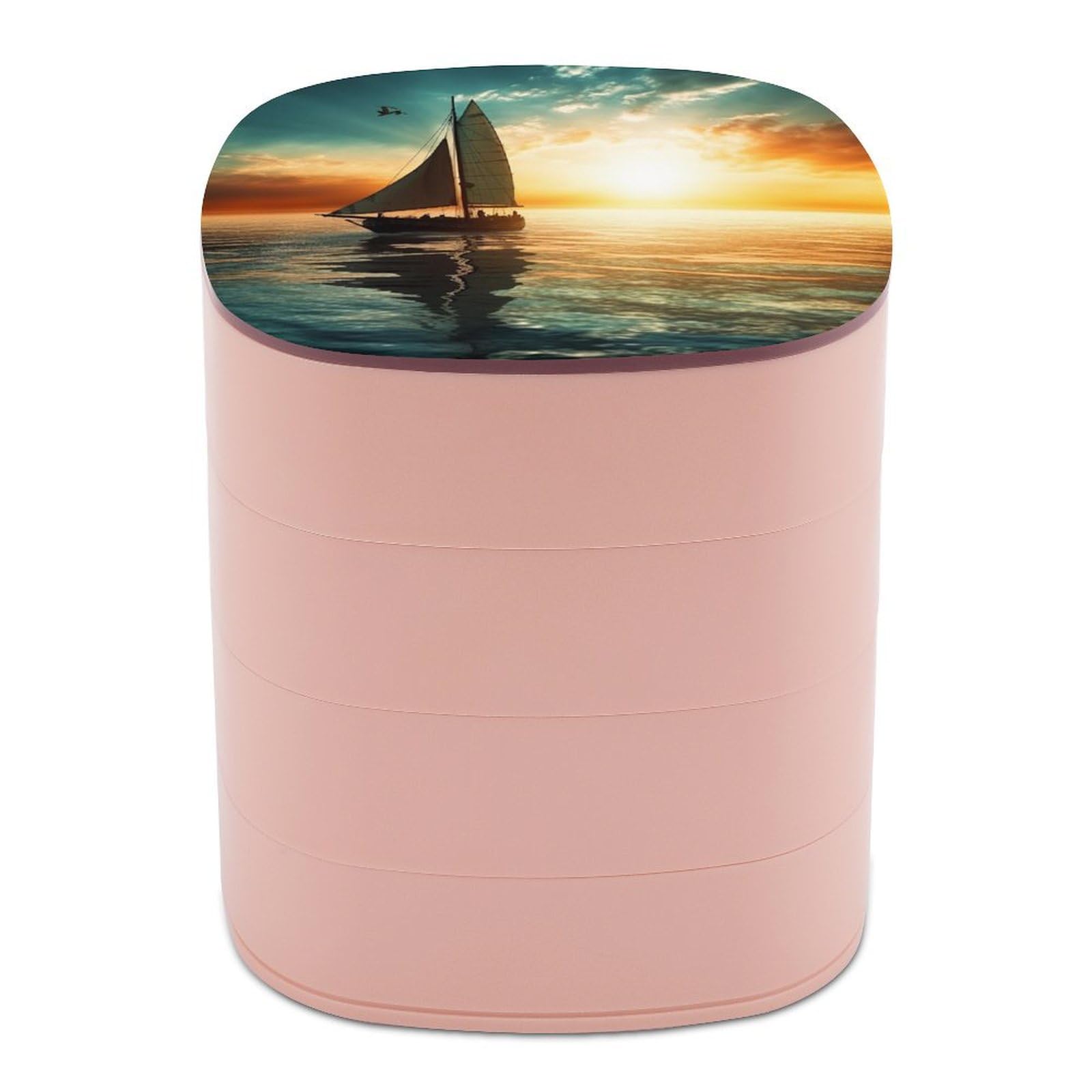 JTREHY 4-layer 360-degree Rotating Jewelry Storage Box,Boat on The Ocean Printed Portable Travel Jewelry Storage Box Stackable Jewelry Trays for Earrings Necklaces Bracelets
