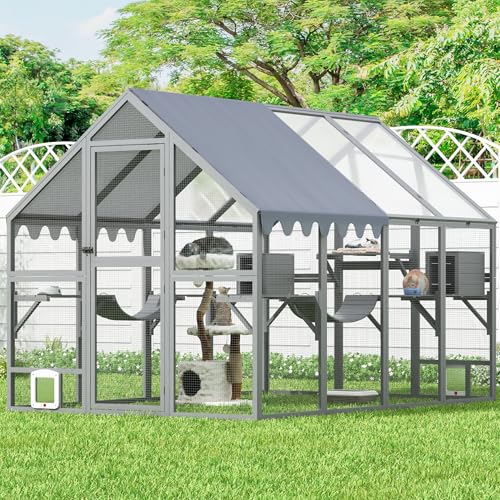 Large Catio Outdoor Cat Enclosure, 110" Extra Large Outdoor Catio for Multiple Cats, 53.5ft² Big Wooden Walk-in Outside Cattery Cat Run with Weatherproof Full Cover, Window Access Avaliable, Grey