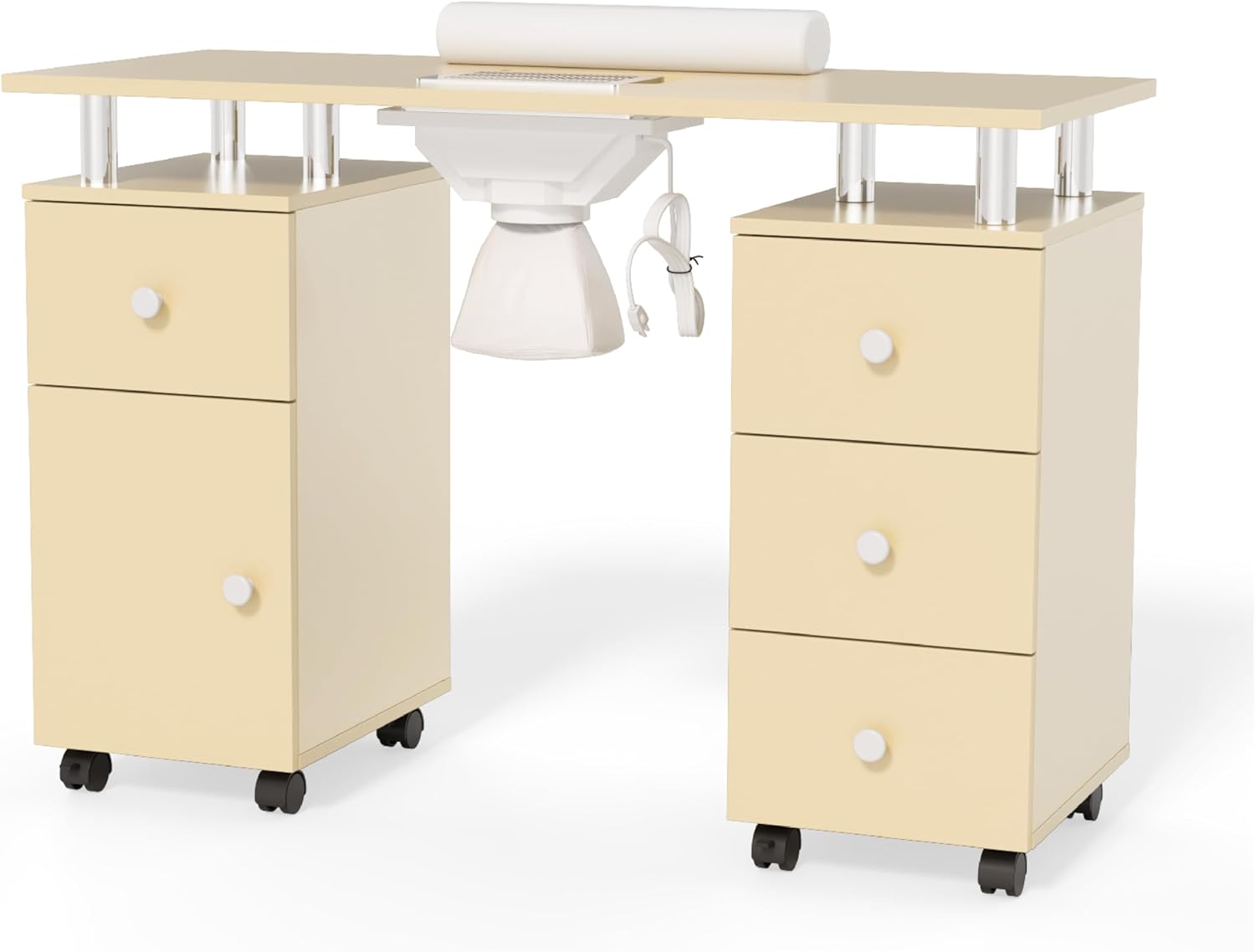 OmySalon Manicure Table Nail Desk for Nail Tech, Nail Table Station w/Electric Dust Collector, Makeup Beauty Salon Storage Acetone Resistant w/Wheels,Wrist Cushion (Almond Cream, Single 42.5''L)