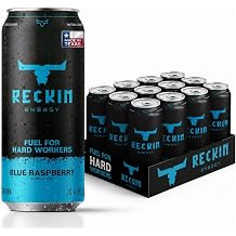 Reckin Energy Drink, Fuel for Hard Workers, Zero Sugar Energy Drink with 200mg Natural Caffeine, Alpha GPC & Cognizin for Focus, Vitamins, 16oz Cans 12 Pack Blue Raspberry