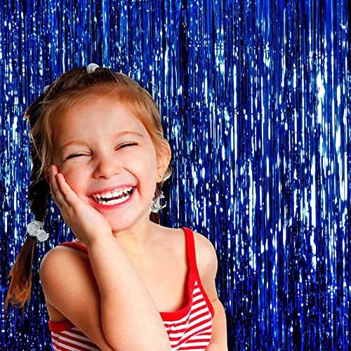 Image of 4 Pack Blue Foil Fringe Curtain Backdrop, 3.28Ftx8.2Ft Metallic Tinsel Streamers for Sea Party, Photo Booth Props, Birthday, 2022 Summer Ocean Theme Party Decoration Supplies