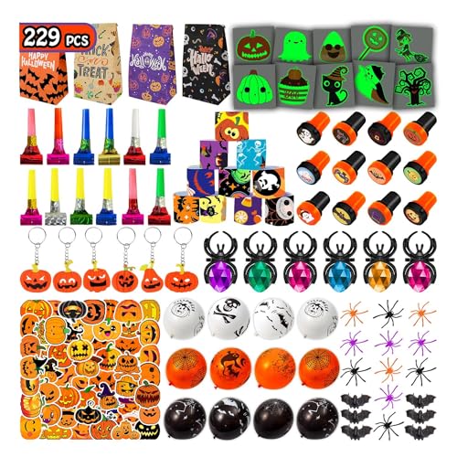 Leesgel Decorazioni Halloween, 229 Pezzi Sacchetto Caramelle/Palloncino/Braccialetto/Timbro/Ragno/Pipistrello/Tatuaggi/Stickers, Gadget Regalo Festa Compleanno Accessori Giochi