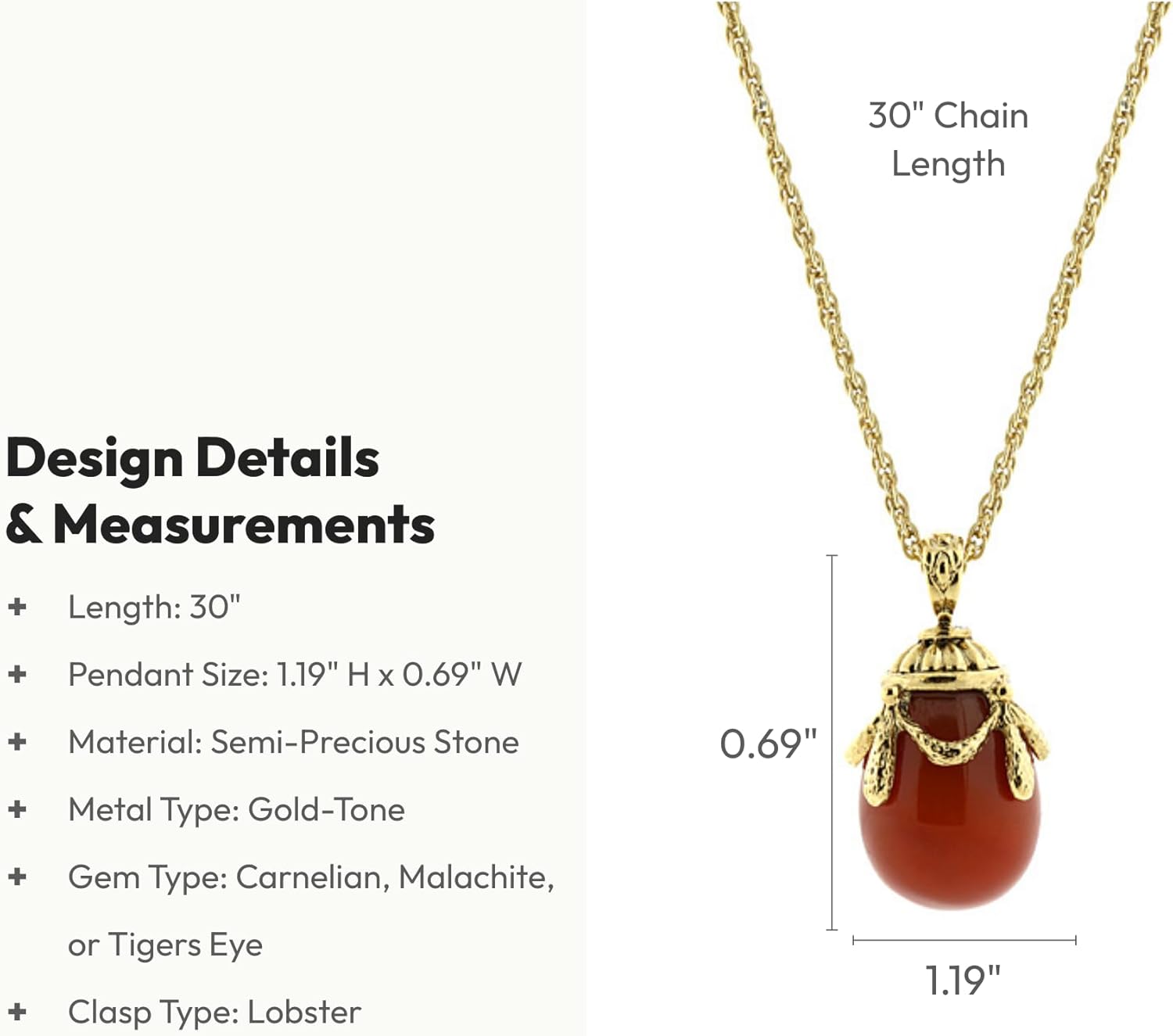 1928 Jewelry Women's 30-Inch Semi-Precious Carnelian Gemstone Egg Pendant Necklace, Genuine Natural Stone in Antique Gold-Tone, Unique Vintage-Inspired Design, Perfect Fashion Accessory and Gift