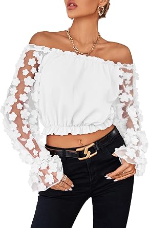 LYANER Womens Off Shoulder Floral Mesh Long Sleeve Ruffle Trim Crop Blouse Top