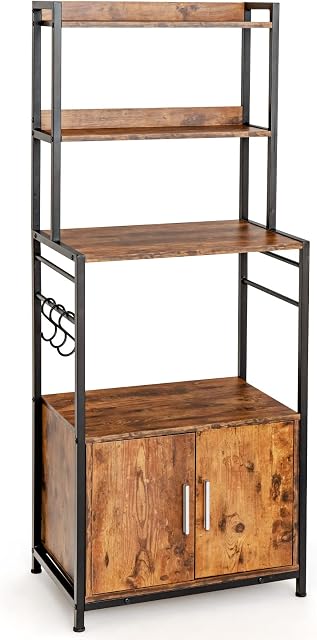 TANGZON Kitchen Baker's Rack, 4-Tier Microwave Oven Stand with Cabinet & S-Hooks, Metal Frame Freestanding Utility Storage Shelf Unit for Dining Living Room, 60x40x150cm