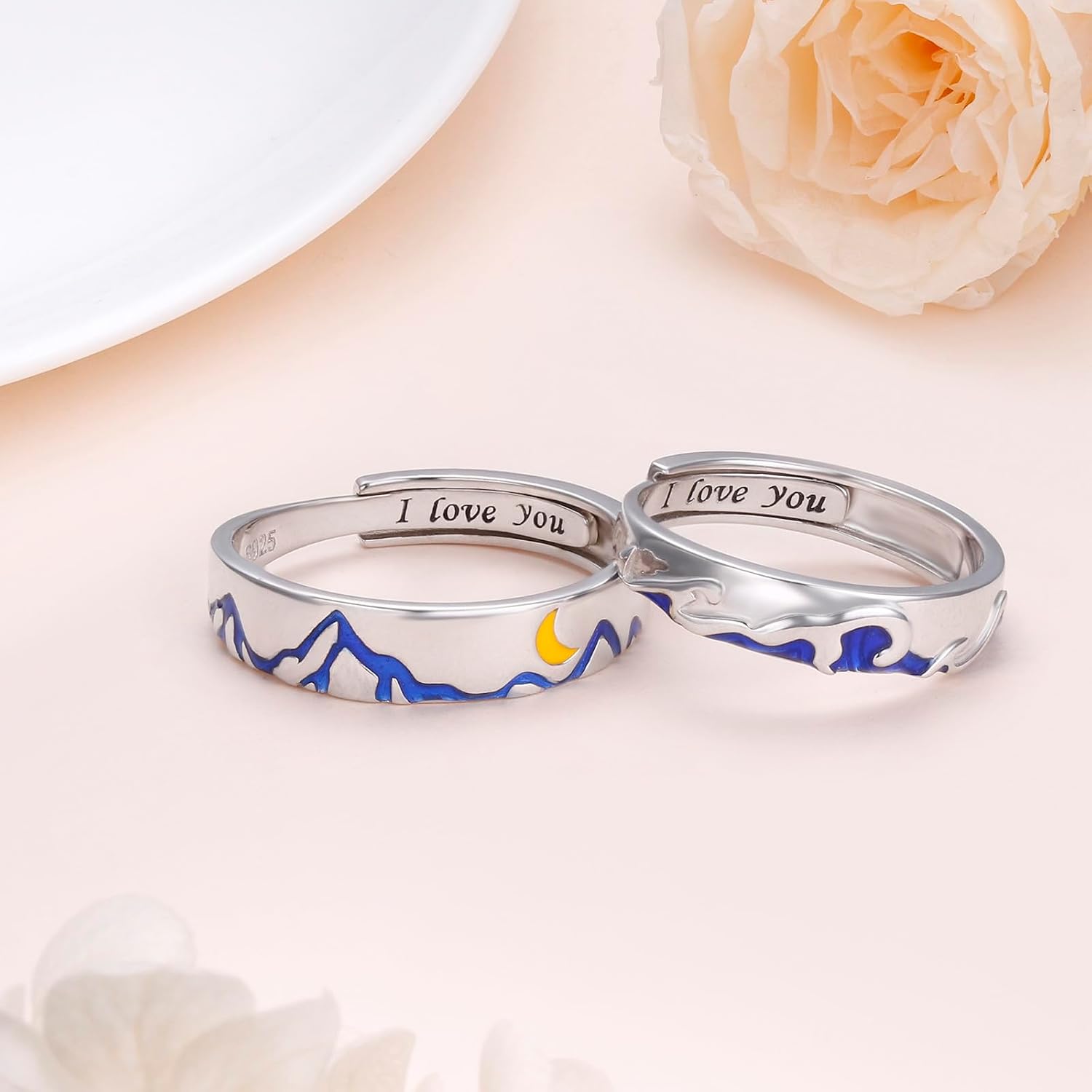 Mountain Ocean Wave Matching Rings for Couples 925 Sterling Silver Promise Rings I Love You Engagement Wedding Ring Sets for Him and Her Adjustable Valentines Day Gifts
