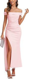 Formal Dresses for Women Bodycon Off Shoulder Ruched Dress Sexy High Split Wedding Guest Dress Long Cocktail Dresses Pink