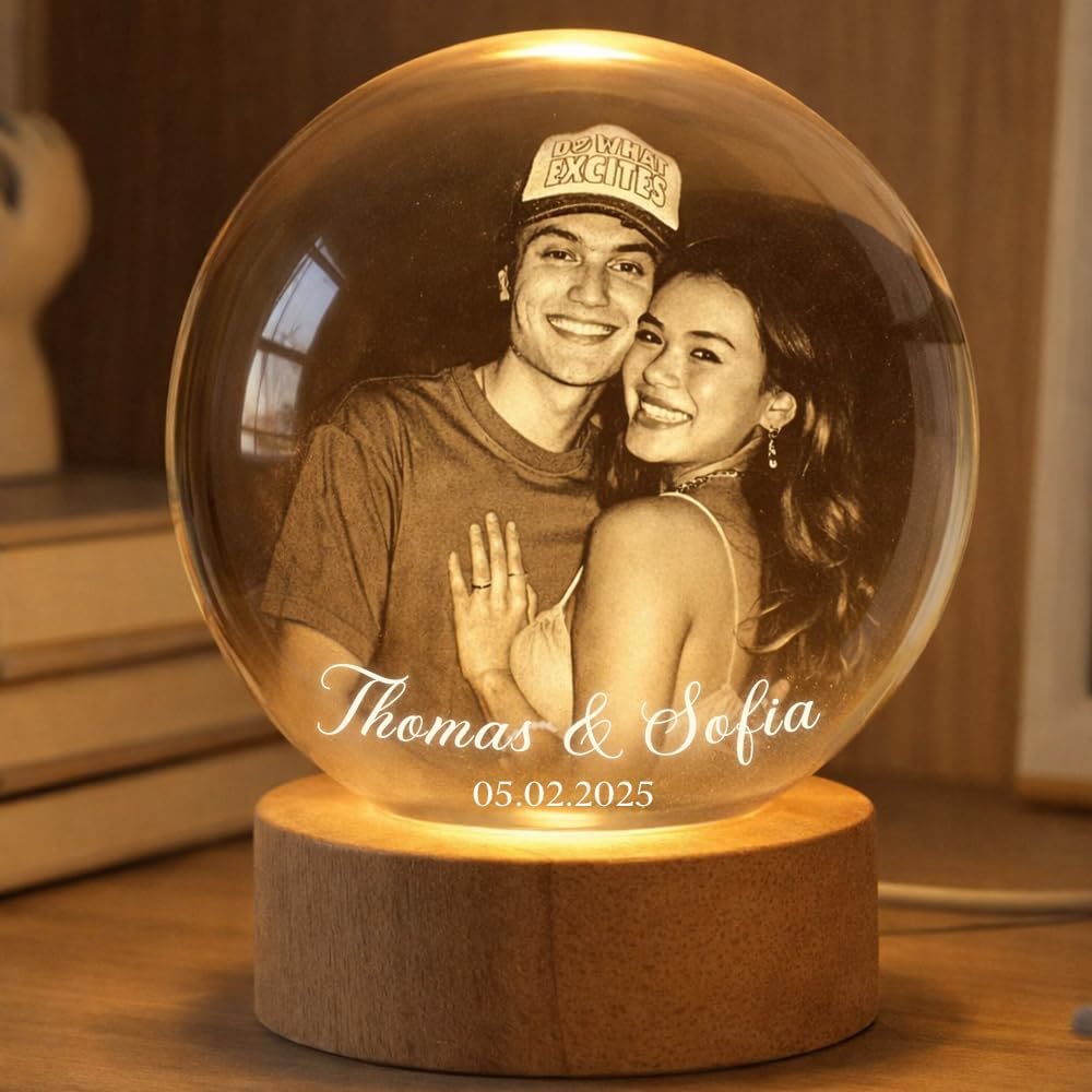 Personalized LED Night Light for Couple, 3D Photo Crystal Ball, Engraved Picture Lamp, Gifts for Girlfriends, Boyfriends, Wife, Husband, Gift for Anniversary Valentine's Day