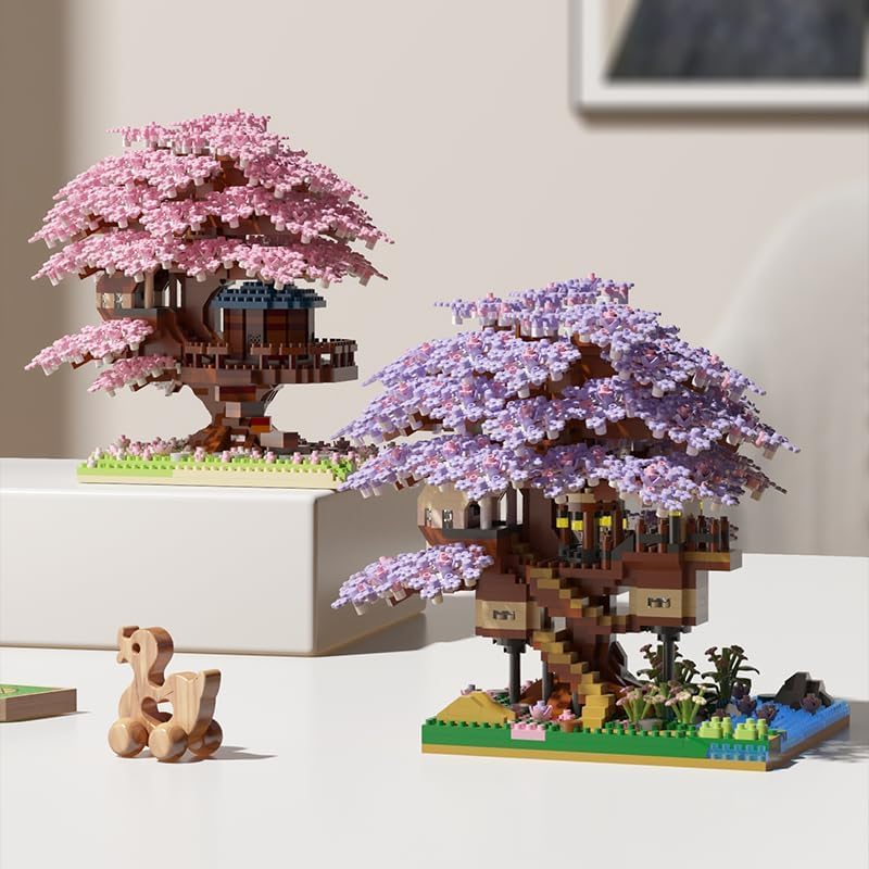 Pink and Purple Sakura Bonsai Tree Building Sets side-by-side