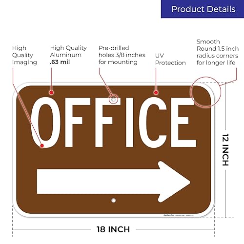 Miniatura 3 de Letrero de oficina con flecha derecha, 12 x 18 pulgadas, aluminio 063 libre de óxido, resistente a la decoloración, fabricado en Estados Unidos por