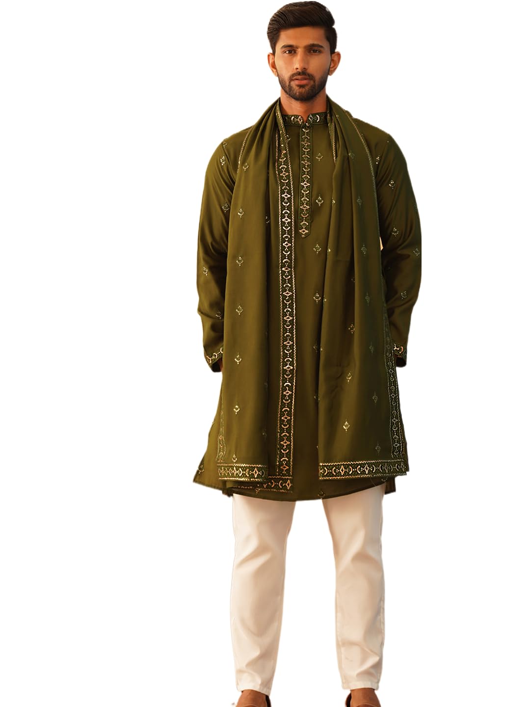 Jompers Men's Olive Embroidered & Sequin Kurta Pyjama With Dupatta. (Olive, M)