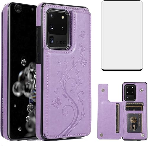 Funda de teléfono para Samsung Galaxy S20 Ultra Glaxay S20ultra 5G con protector de pantalla de vidrio templado, tarjetero y cartera con soporte