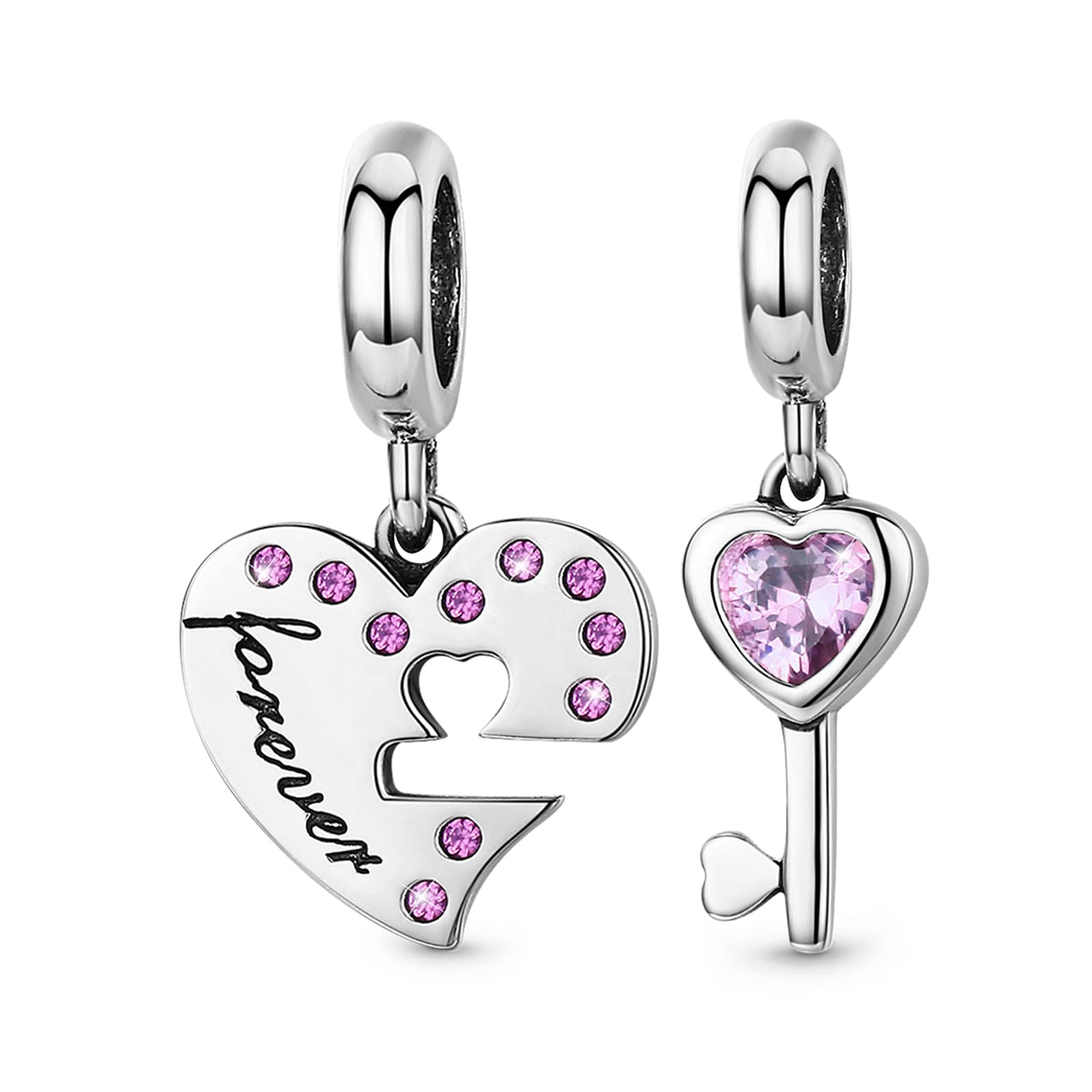 GNOCE Purple Pink Blue Glitter Heart Pendant Dangle Charm for Women,14K White Gold Plated S925 Sterling Silver BraceletNecklcae Charm for Her
