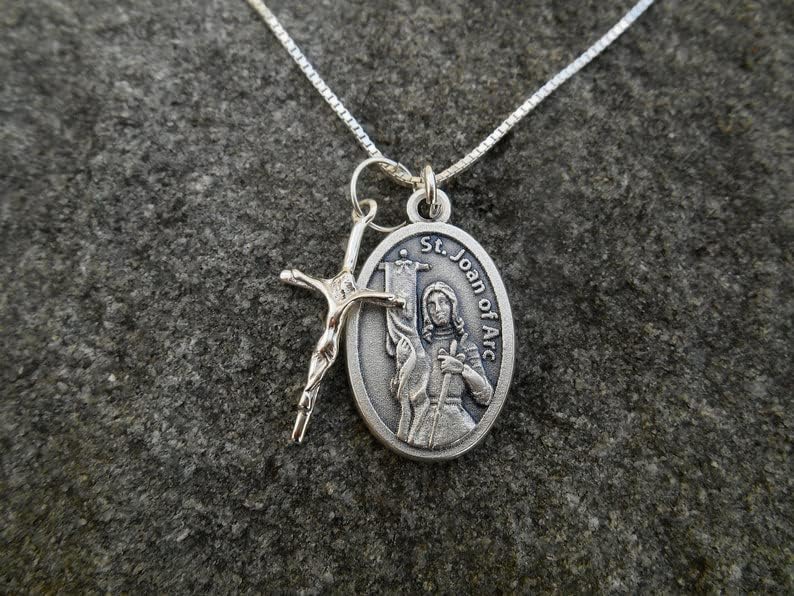 Saint Joan of Arc Necklace, Sterling Silver Cross Charm, 18" Sterling Silver Box Chain, Alloy Saint medal, Patron Saint Jewelry - Image 3