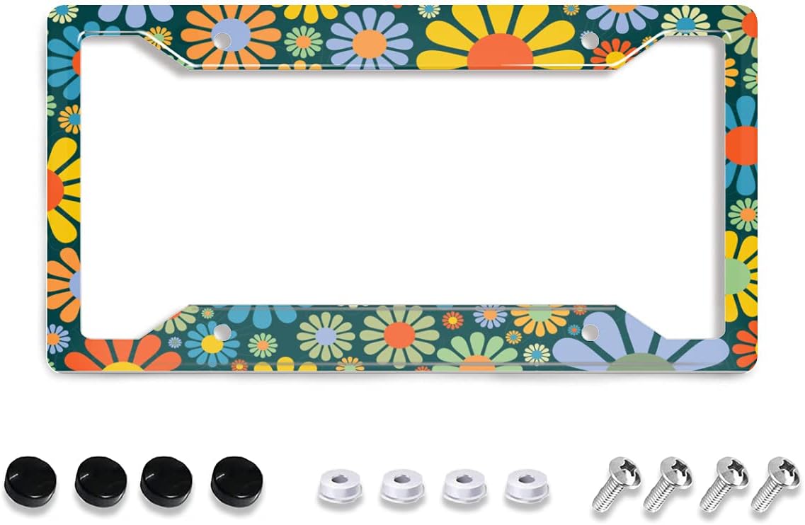 Personalized License Plate Frame Stainless Steels Abstract Hippie Flower License Plate Car Holder with 4 Holes and Screws for Women Men Auto Decoration for USA Canada Vehicles Standard(12"x6")