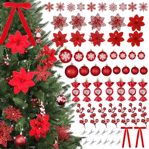 36Pcs Red Poinsettia Christmas Decorations, 12 Style Poinsettia Flowers Artificial Red Christmas Ornaments for Wreath Wedding Party Garland Indoor