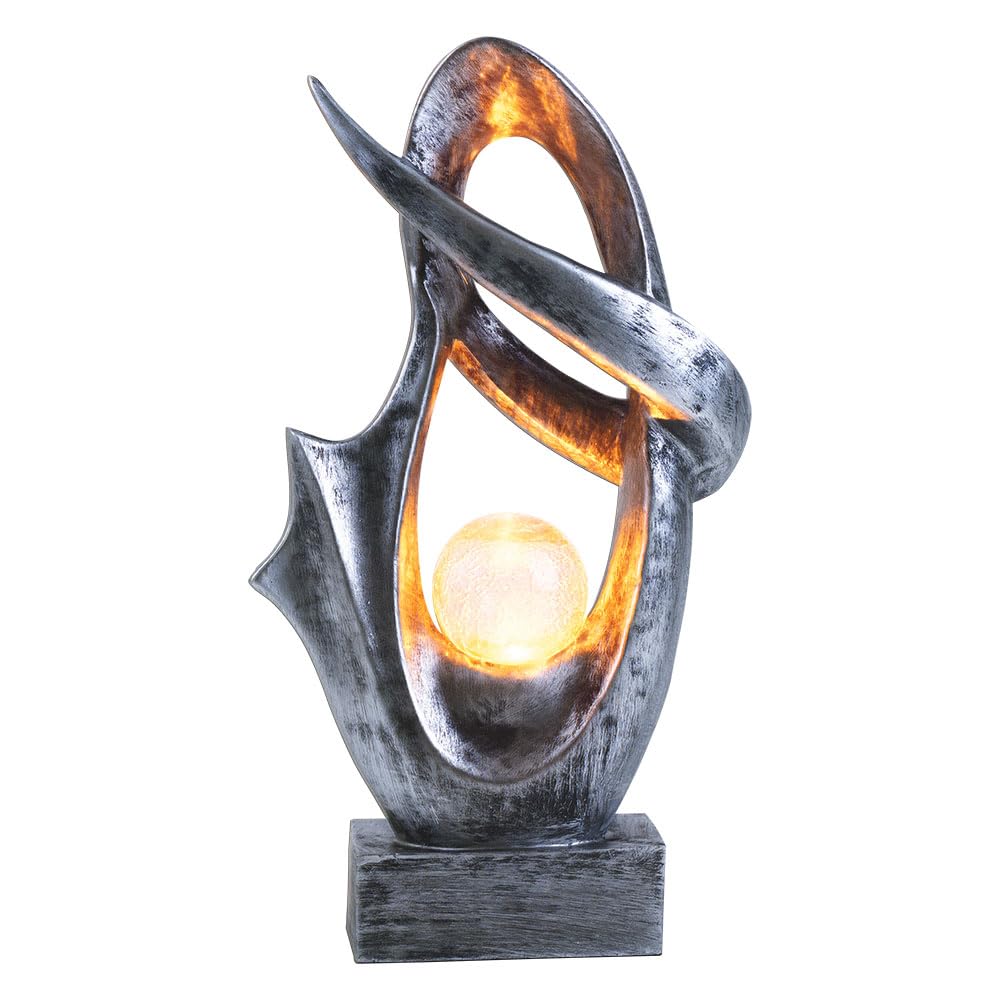 GLOBO Solarlampe für Außen Garten Deko Terrassen Lampe Außen Boden Solar Lampe Outdoor stehend, mit Feuereffekt, Skulptur silber, Crackle Glaskugel, 1x LED 3000K, BxH 25,5x45 cm