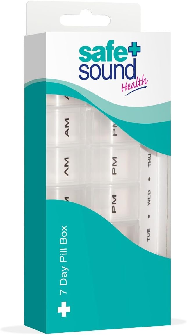 Safe and Sound Weekly Pill Organiser, 2 Compartments Per Daily Removable Section, Printed and Braille Flip-top Lids, Push-open Catches