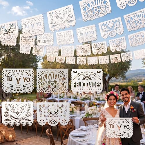 Fullhawl 6 Pack 120 ft White Cielito Lindo Party Decoration Wedding Papel Picado Banner Plastic Mexican Fiesta Flags Amor & Tu Y Yo Banner Wedding Bridal Shower Supplies 10 Plastic Flags/per