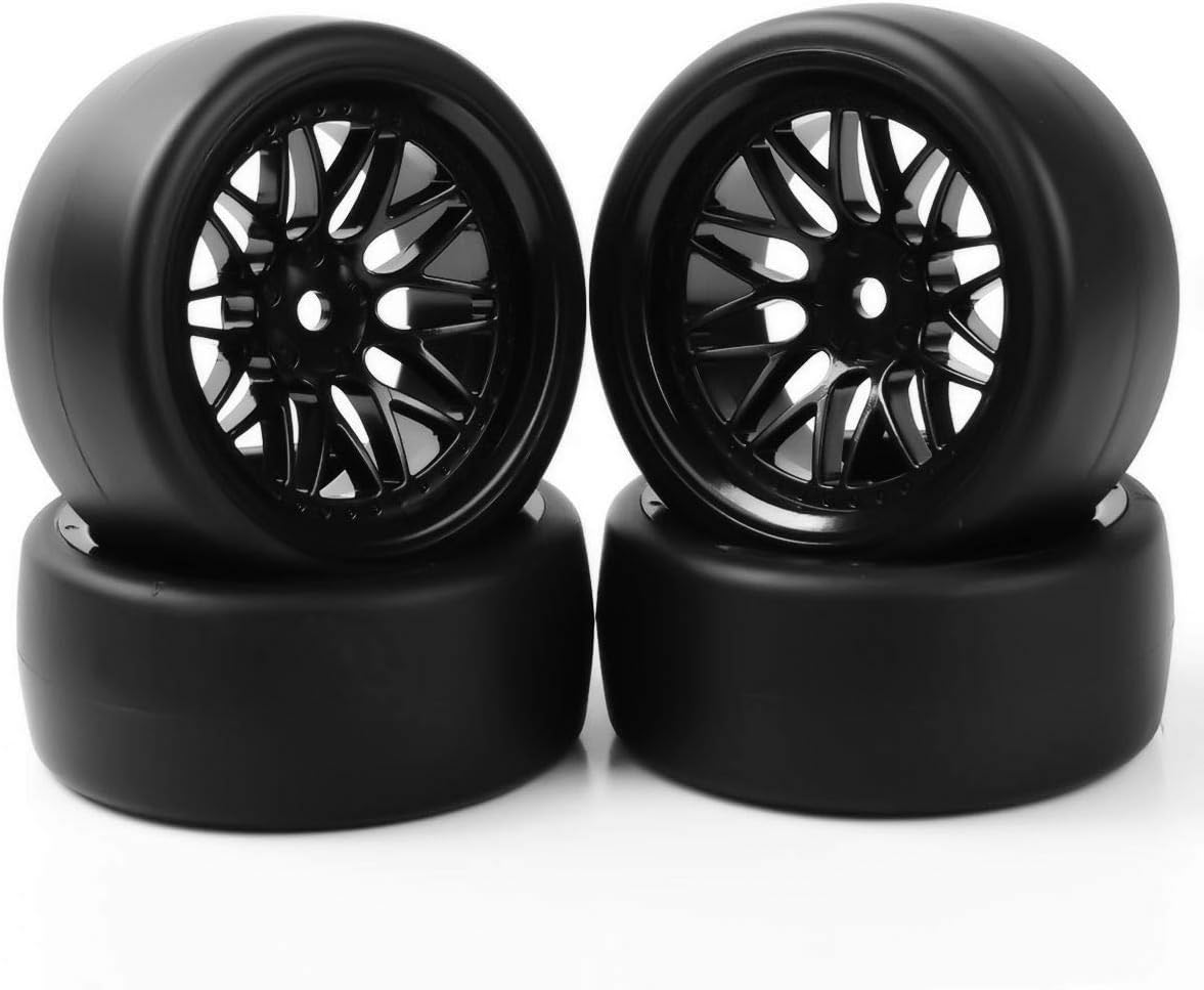 SOUFORCE 1:10 Scale RC Model Drift Wheels and Tires, 12mm Hex Plastic Wheel Rim and Tire Set for On Road Racing Car, 4 Pack Black