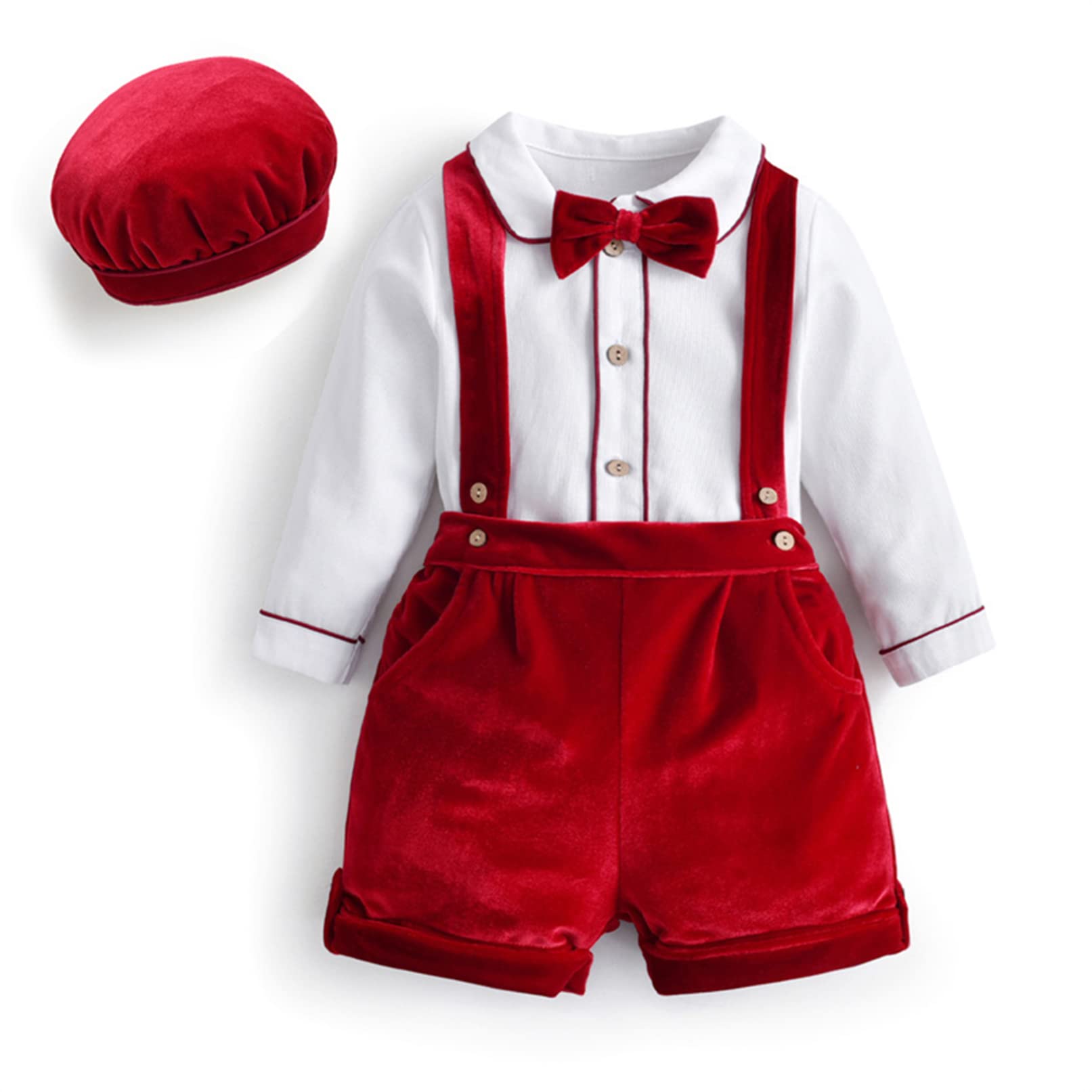 TiaoBug Bambino Neonato Completini e Coordinati Tuta da Gentleman Battesimo Abiti Bimbo Nozze Cerimonia Abbigliamento Set con Camicia + Pantaloncini in Velluto + Berretti