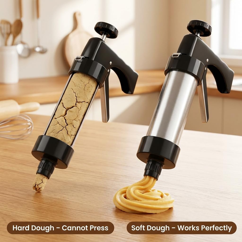 Comparison image showing hard dough that cannot be pressed versus soft dough that works perfectly with the cookie press.