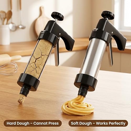 Miniatura 3 de QWORK Kit de pistola de prensa de galletas de acero inoxidable, incluye 13 discos de galletas y 8 puntas de tubería, diseño ergonómico