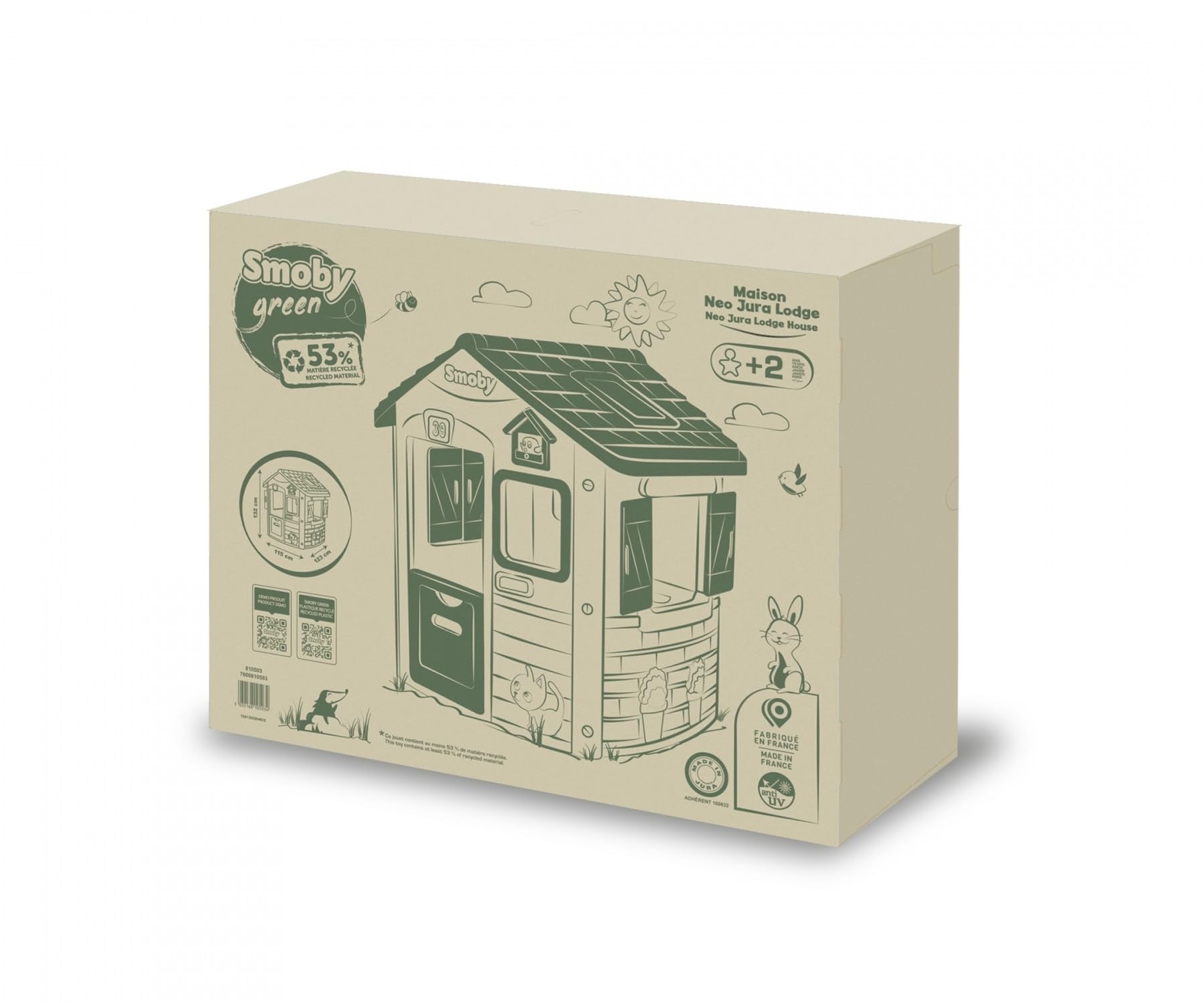 Smoby Life - Neo Jura Lodge Spielhaus (115x123x132 cm) mit 31% Recycling-Anteil - wetterfestes Gartenhaus für Kinder ab 2 Jahre mit Vogel-Futterstelle - Outdoor-Kinderhaus für Garten oder Terrasse