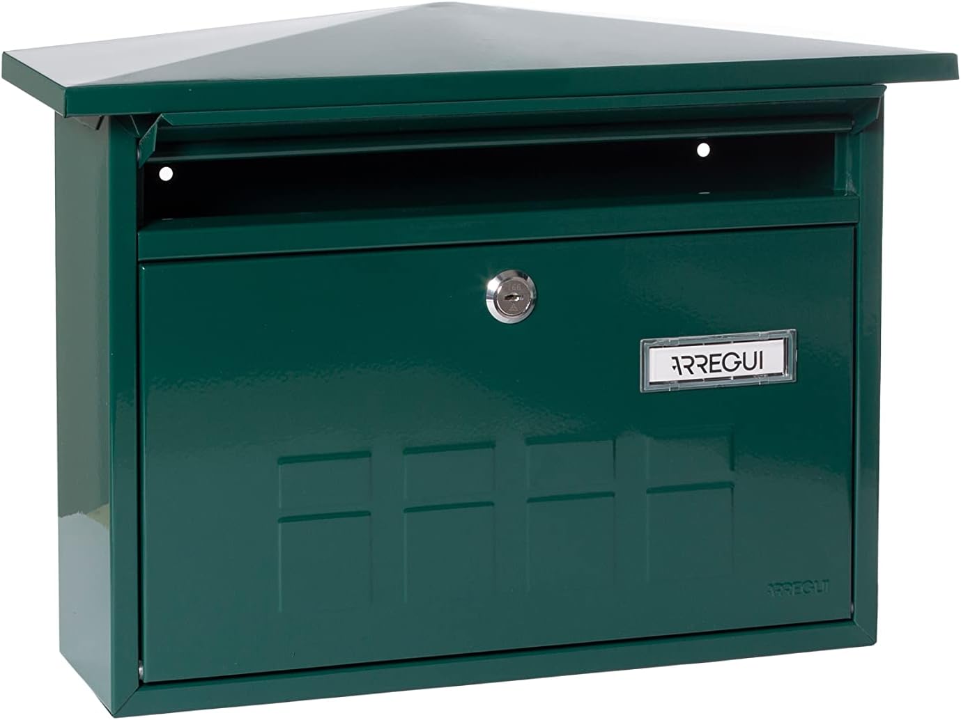 ARREGUI Deco E5703 Galvanised Steel Letter Box, Size M (DIN A4 Post), Horizontal Wall Post Box for Outdoor Use, Post Box with Name Plate and Flap, Green