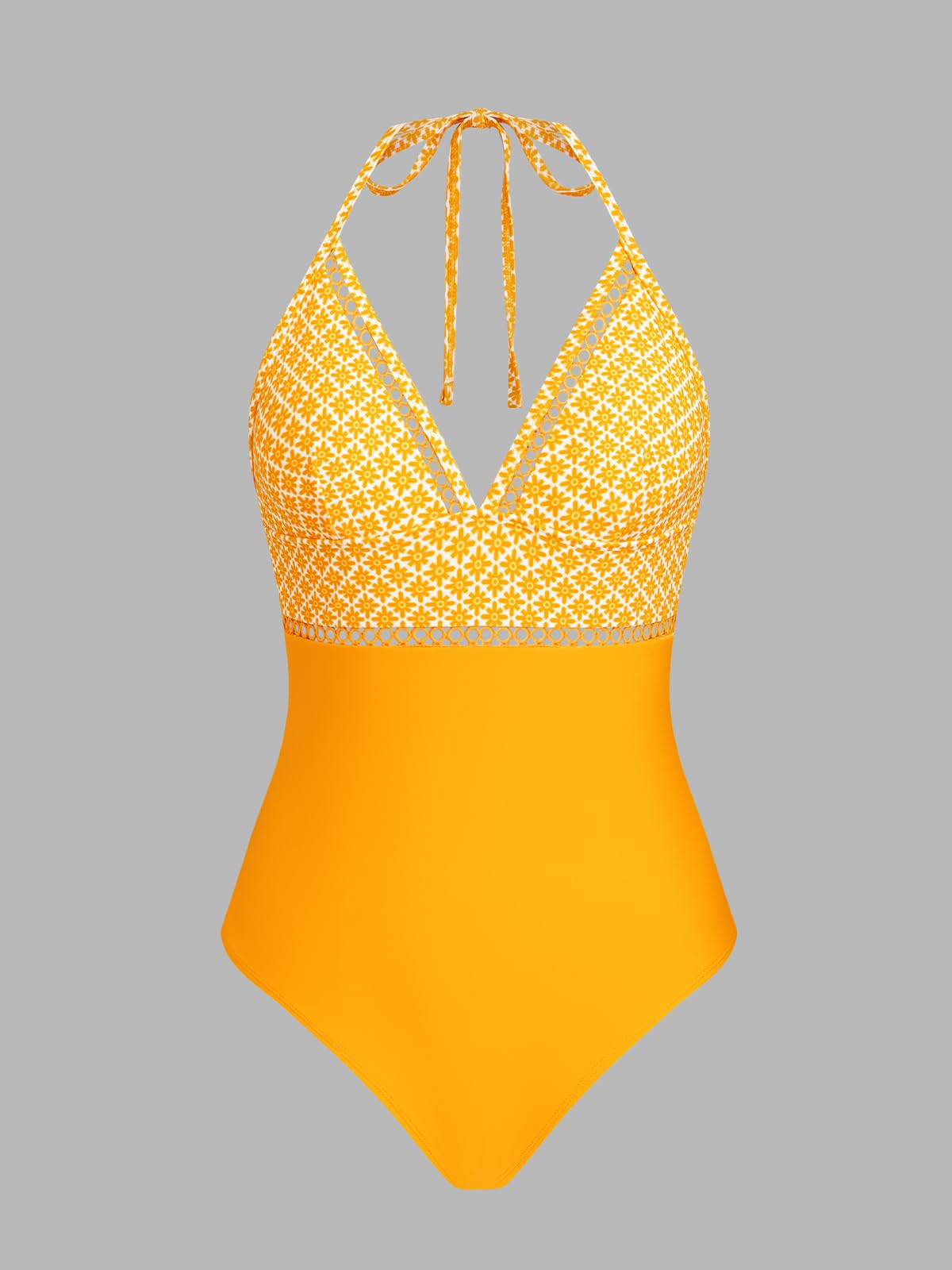 CUPSHE Traje de baño de una pieza para mujer, cuello halter, cuello en V, traje de baño de ganchillo, espalda recortada, tirantes ajustables, espaguetis