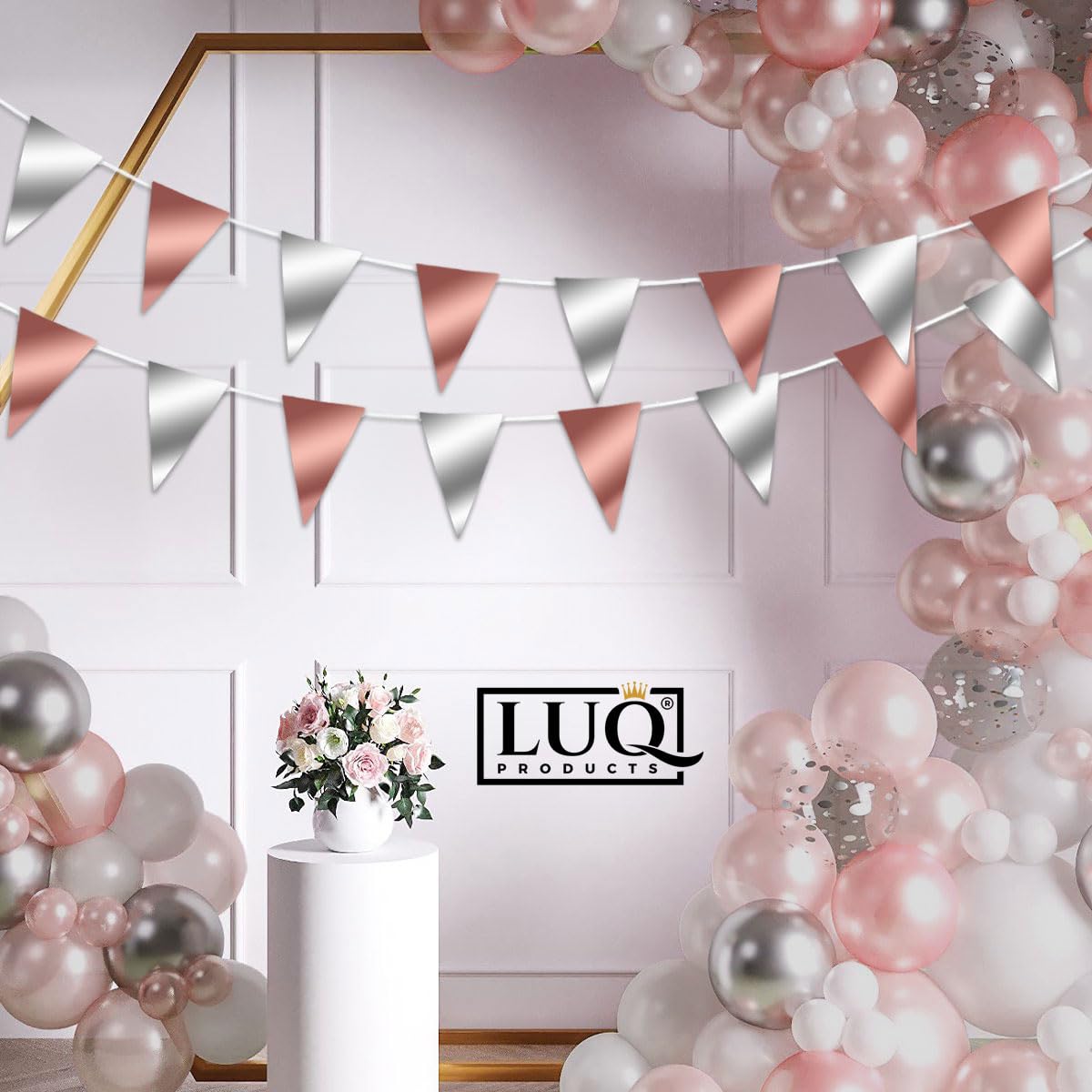 LUQ – Luxe Rose Goud Zilver Slingers – Vlaggenlijn 10 Meter - Verjaardag Slinger Versiering Feestversiering Vlaggen Decoratie
