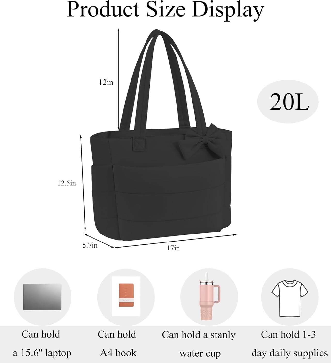 Puffer Tote Bag for Women, Quilted Bow Tote Bag with Cup Holder & 15.6 In Laptop Compartment for Work, Travel, Gym, College - Image 3