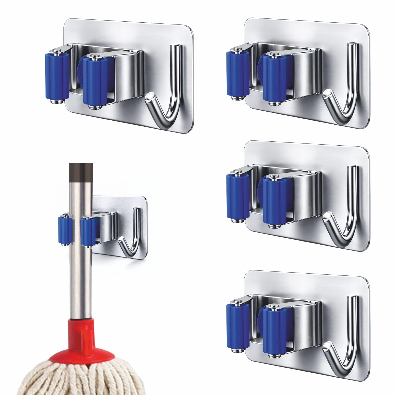 JIALTO 2 Pieces Stainless Steel Broom Holder with Hook - Wall-Mounted Adhesive Waterproof Rustproof Heavy Duty Broom and Mop Stick Holder for Home, Kitchen, Black thumbnail 19