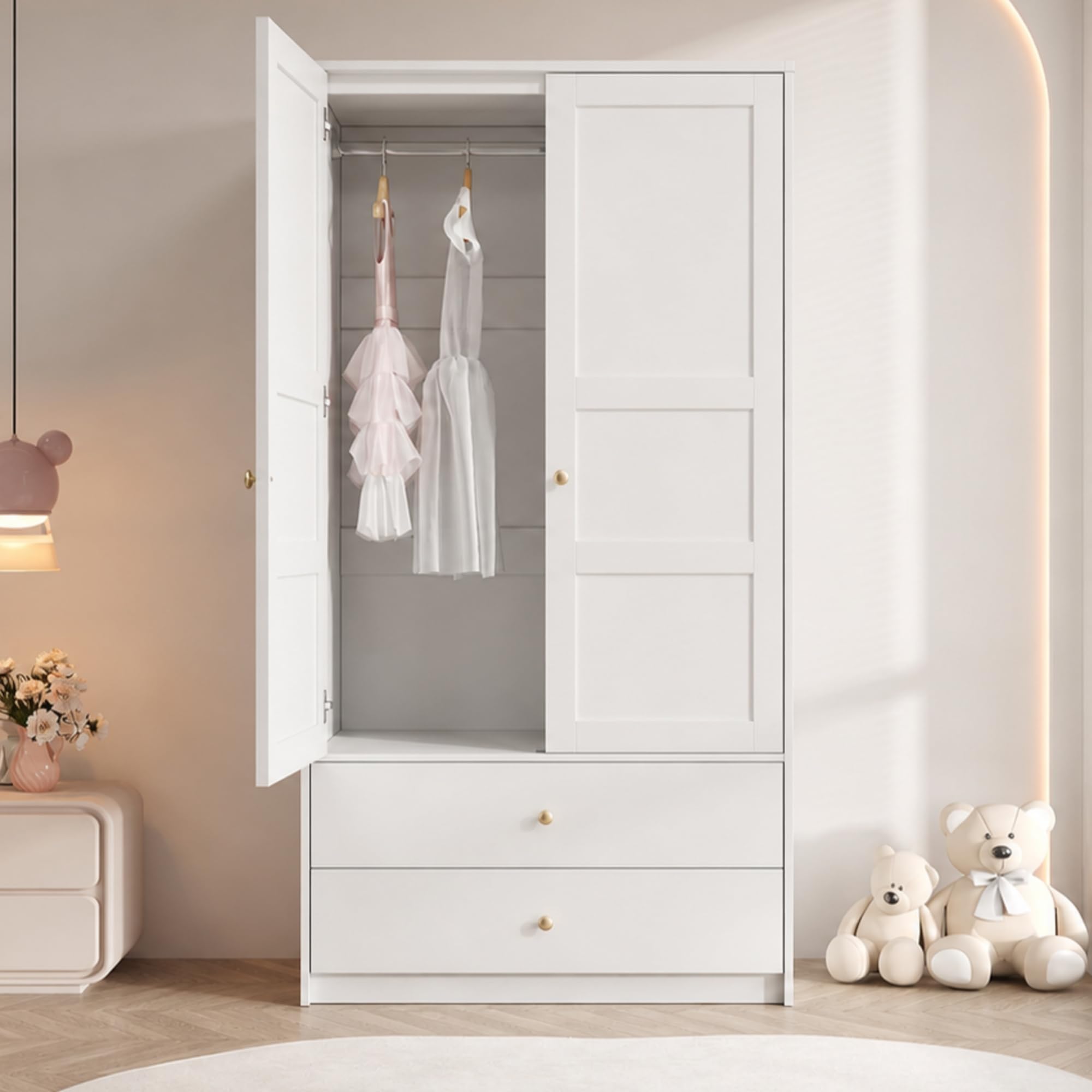 Kebnor Armario de 2 puertas con 2 cajones y barra para colgar ropa, muebles de dormitorio, armario con barra para colgar, 100 x 48 x 180 cm, color blanco