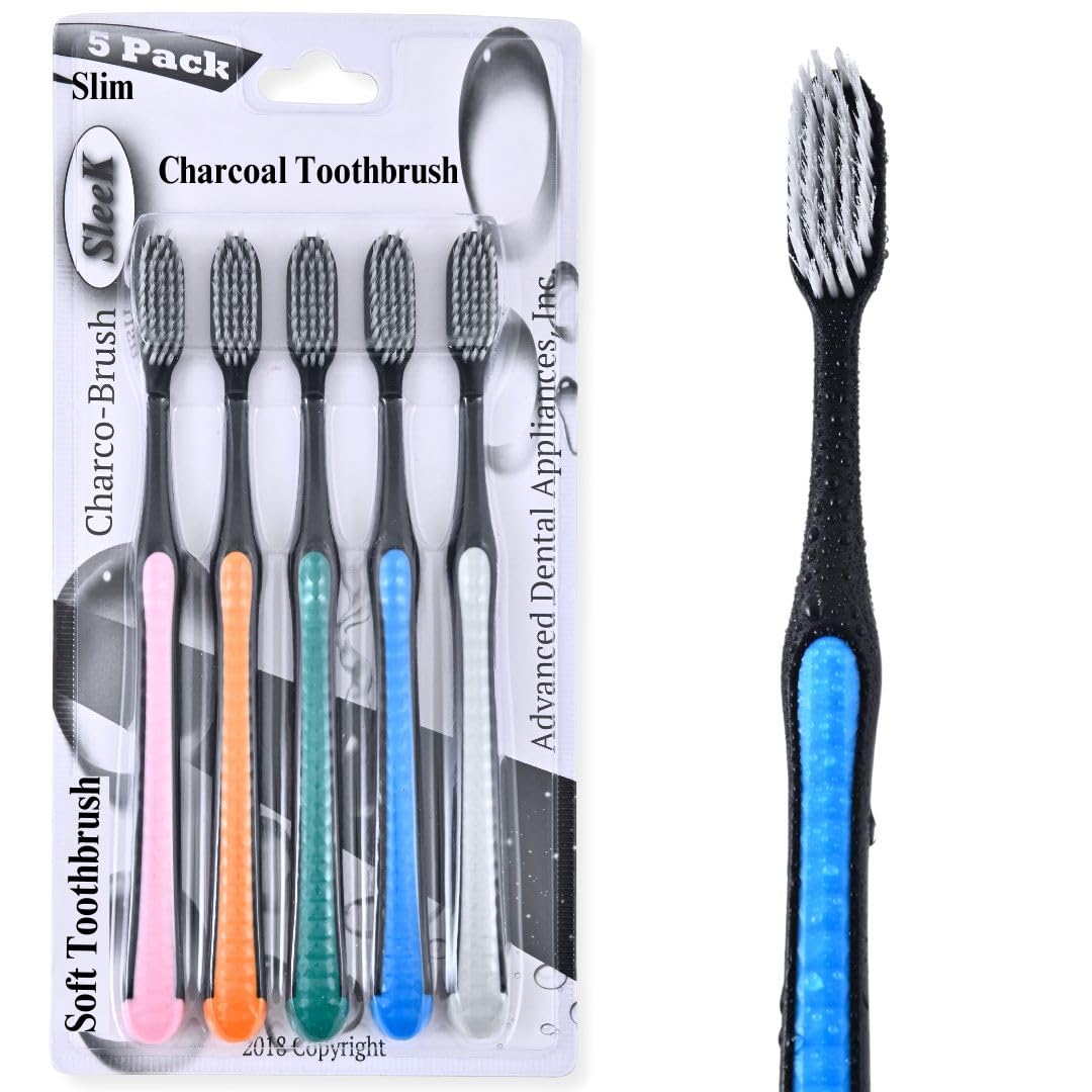 ADA Cavity Defense Activated Charcoal Toothbrush 5 Pack Ultra-Soft Flosspick Bristle for Sensitive Teeth Gums Aids in Teeth