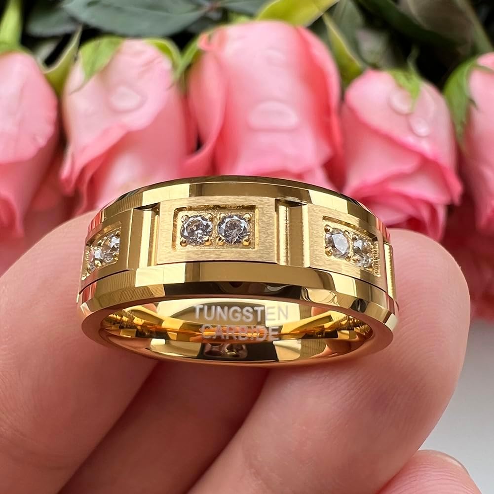 TUTISS 8mm Silver/Black/Gold Tungsten Rings for Men Women Couple Eternity Anniversary Engagement Wedding Bands Fashion Jewelry CZ Stone Inlay Beveled Matte Polished Comfort Fit