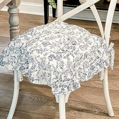 Piper Classics Doylestown Floral Ruffled Chair Pad 16" x 16", Blue & Cream Flower Print, Vintage Farmhouse, Country Cottage Chair Cushion Cover