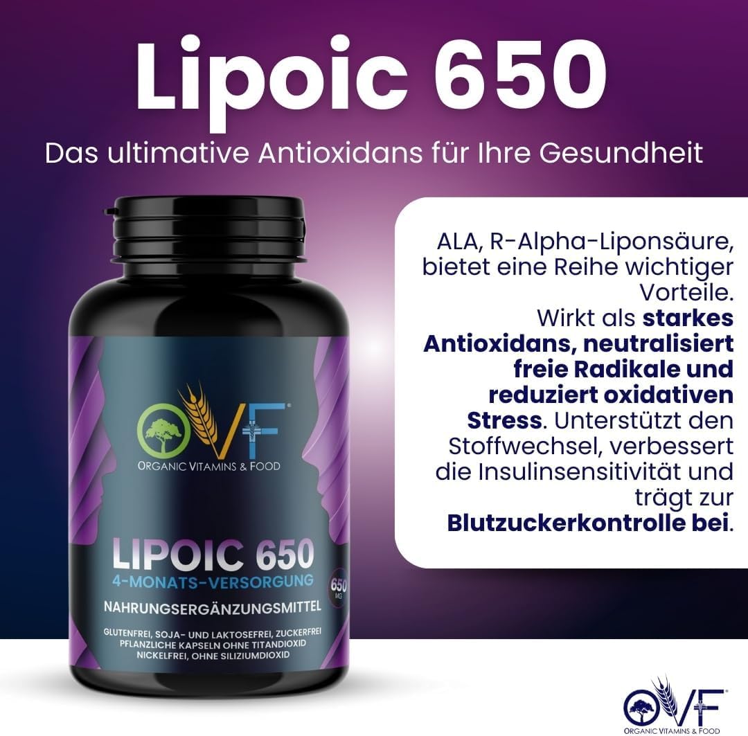 OVF R-Alpha Liponsäure 650 mg Hochdosiert, 120 Vegane Kapseln (4 Monate Vorrat), Starkes Antioxidans für Energie, Nerven & Stoffwechsel, Ohne Siliciumdioxid, 100% Made in Italy