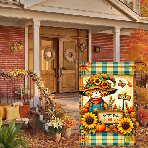 Image of Nuxovilar 12x18 inch Plaid Scarecrow Fall Garden Flag
