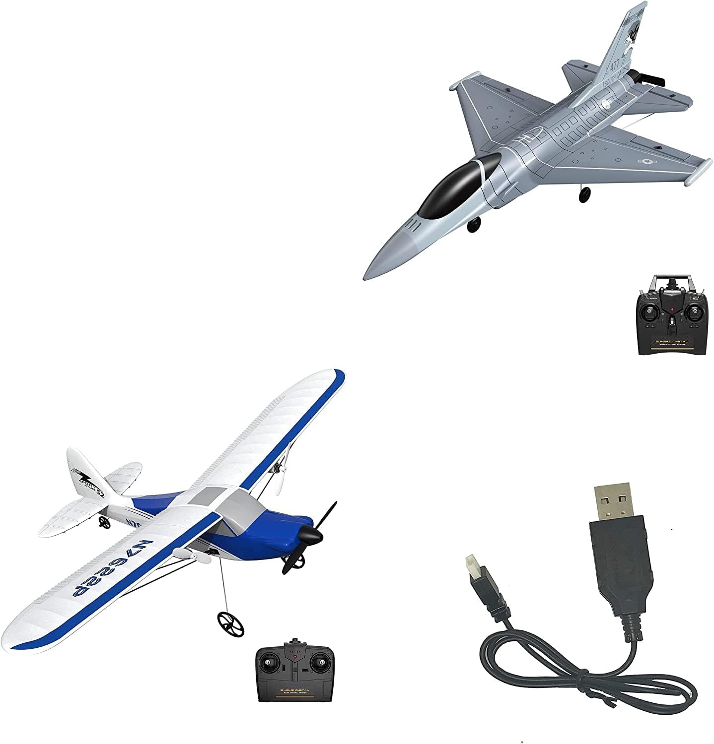 VOLANTEXRC USB charger with a 761-10 F-16 Raptor and 762-2 Sport Cub S2 RC airplanes and remote controls